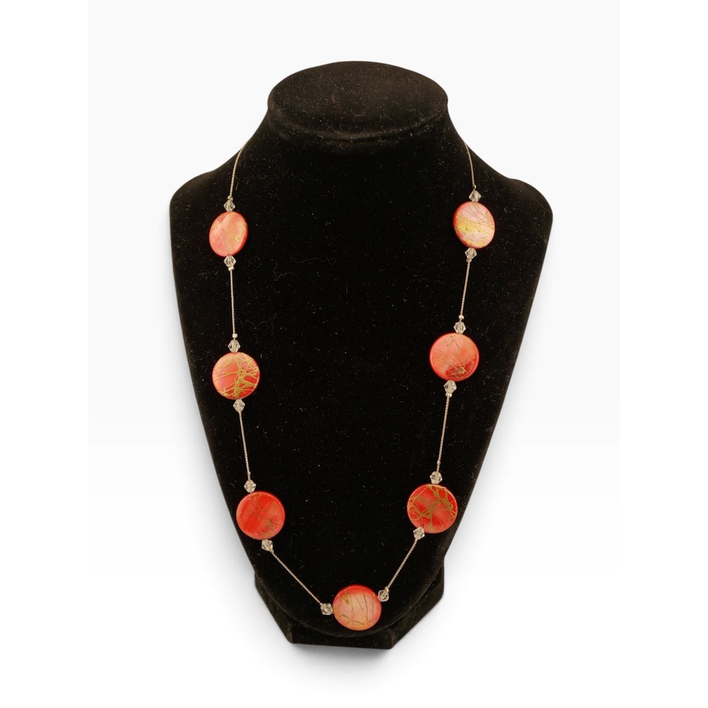 Station Necklace Women 26" Pink Silver Tone Resin Disk Crystal Boho Chain